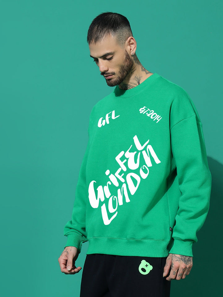 Letters Oversized Green Cotton Fleece Round neck  Sweatshirt 📨