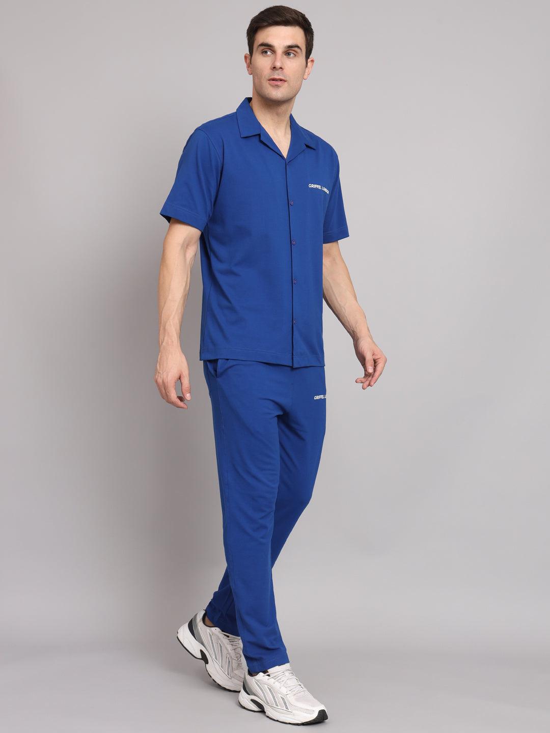 Griffel Men's Pre Winter Front Logo Solid Cotton Basic Royal Bowling Shirt and Joggers Full Co-Ord Set - griffel