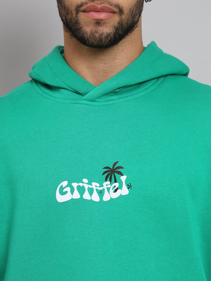 Griffel Men's MEET ME UNDER THE PALM Print Front Logo Oversized Fleece Green Hoodie Sweatshirt - griffel