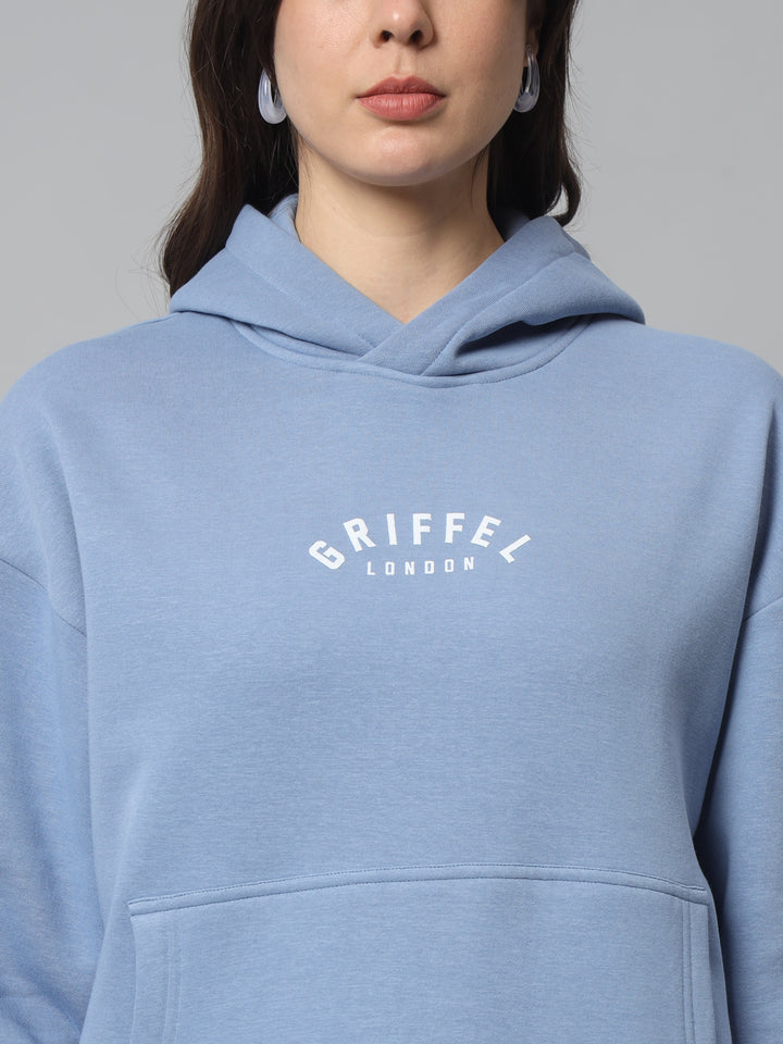 Griffel Women Oversized Sky Blue GRIFFEL Print 100% Cotton Fleece Hoodie and Short Full set Tracksuit - griffel