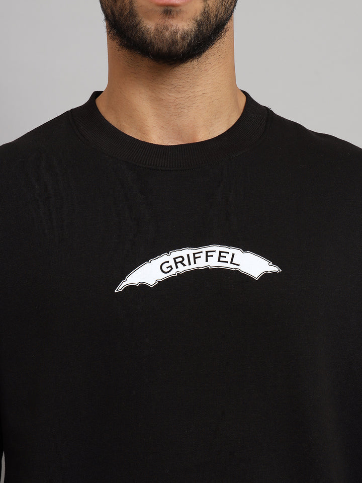 Griffel Men Oversized Fit EYE Print Round Neck 100% Cotton Fleece Black Tracksuit - griffel