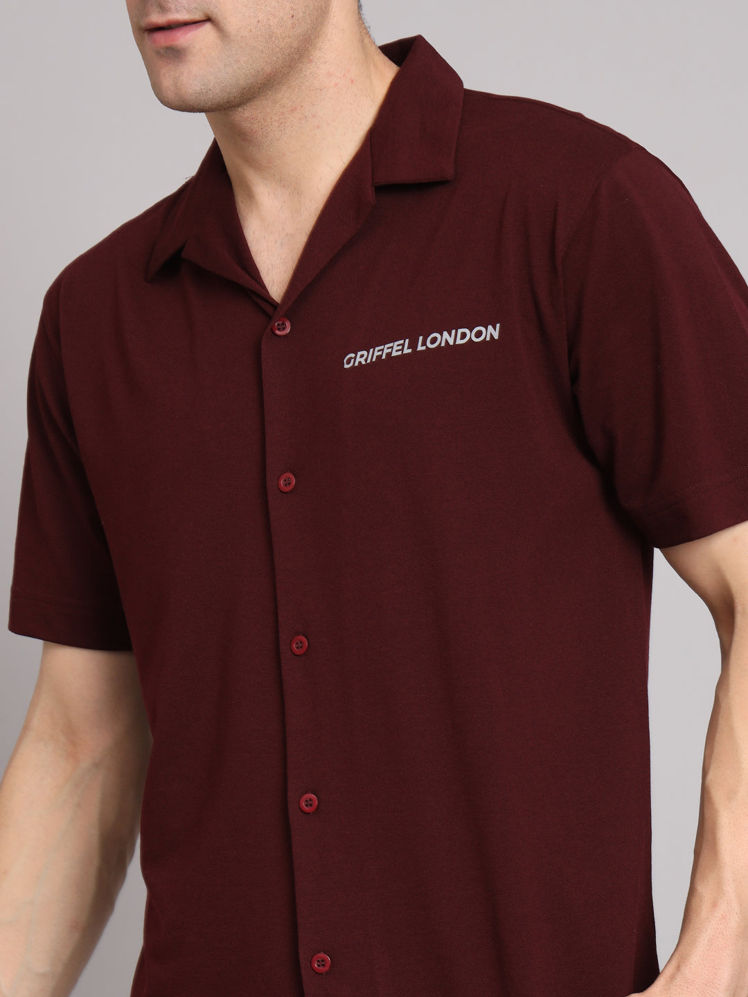 GRIFFEL Men Basic Maroon Regular Fit Cotton Bowling Shirt - griffel