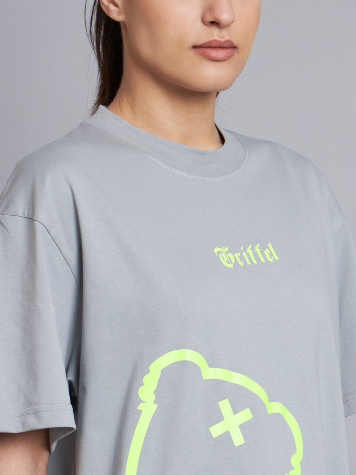 GRIFFEL Women Printed Neon Teddy Oversized Steel Grey T-shirt - griffel