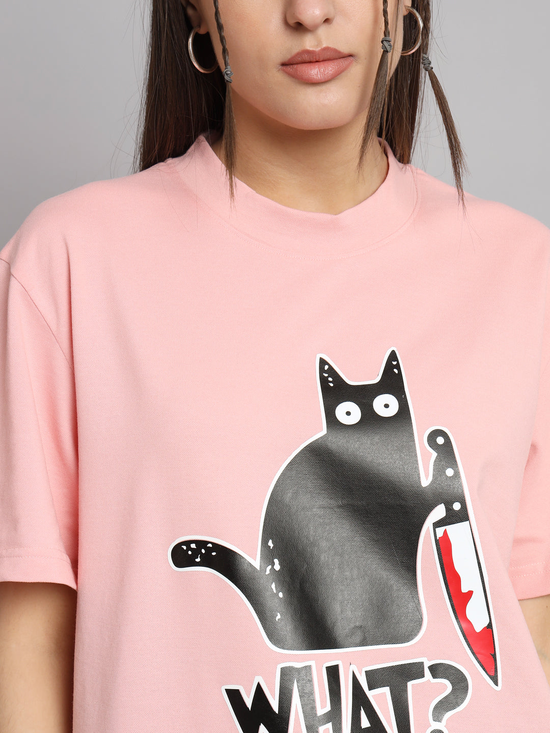 GRIFFEL Women CAT Printed Loose fit Pink T-shirt - griffel