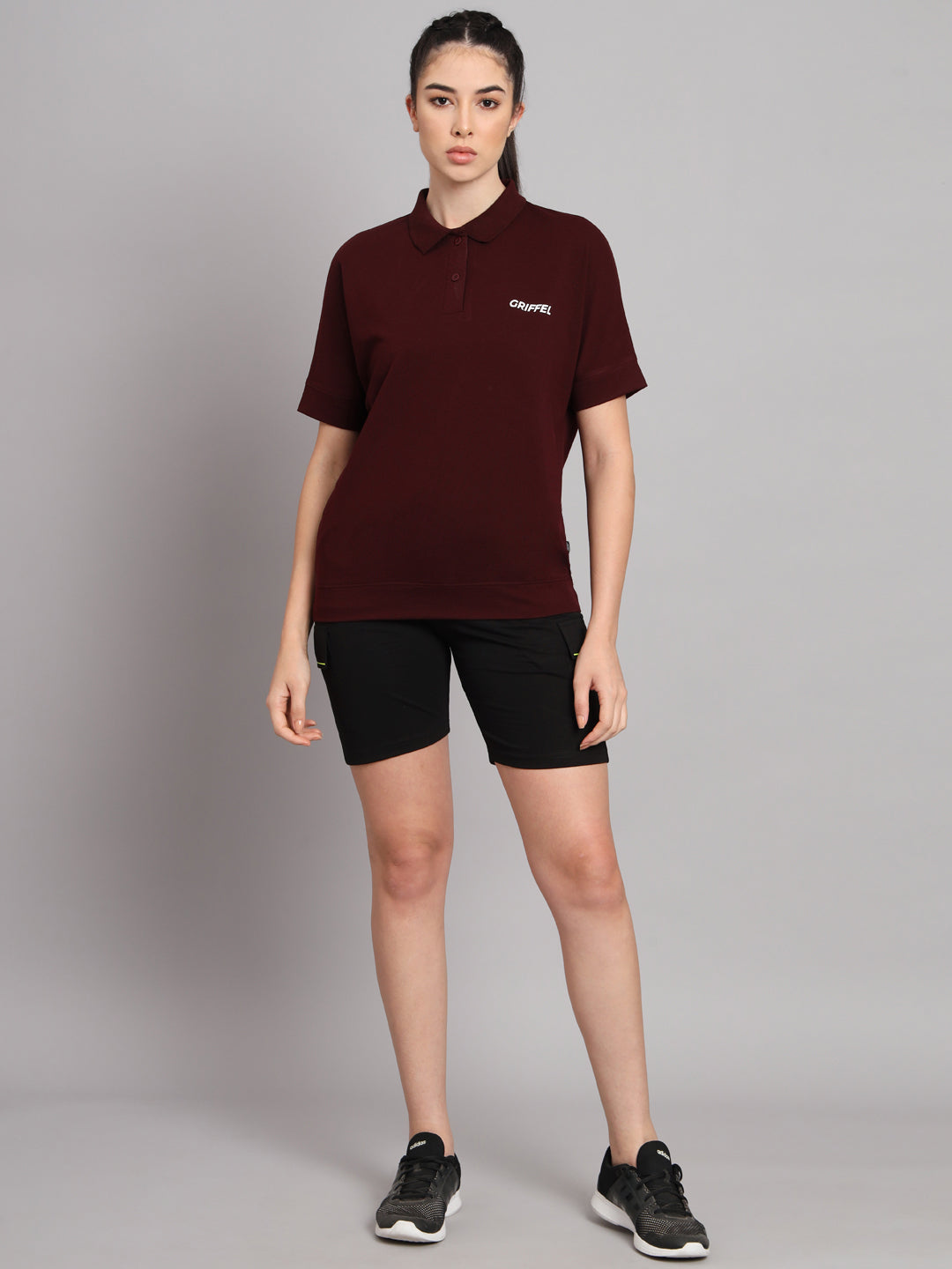 GRIFFEL Women Basic Solid Maroon Polo T-shirt - griffel