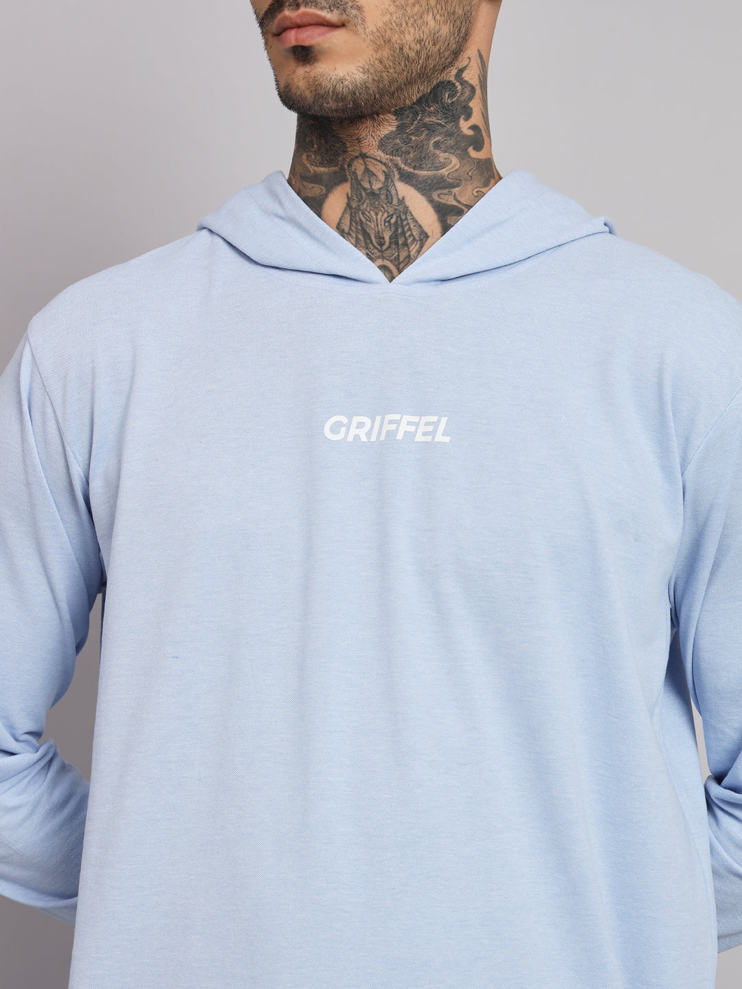 Griffel Men's Pre Winter Front Logo Solid Cotton Basic Hoodie and Joggers Full set Sky Blue Tracksuit - griffel