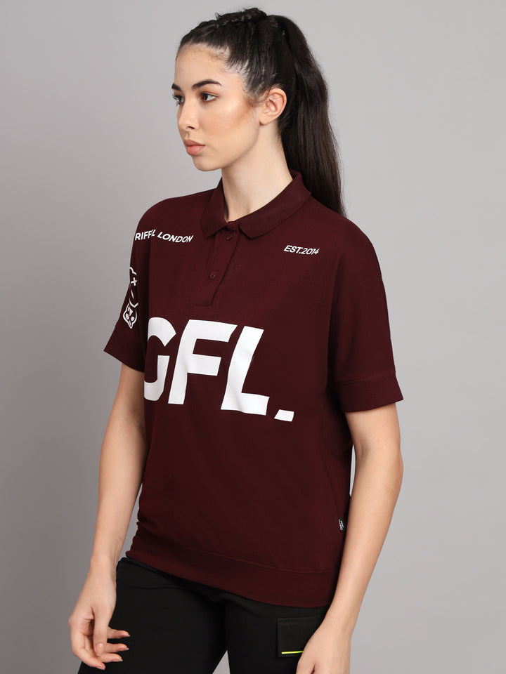 GRIFFEL Women Basic Solid Maroon Printed Polo T-shirt - griffel