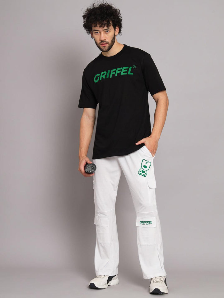 GRIFFEL Men Printed Black Loose fit T-shirt and Bell Bottom Trackpant Set - griffel