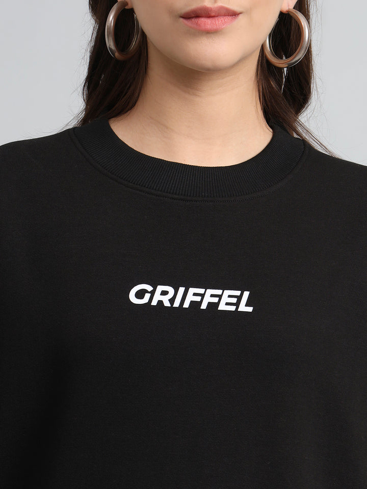 Griffel Women Oversized Fit Typography Print Round Neck 100% Cotton Fleece Black Tracksuit