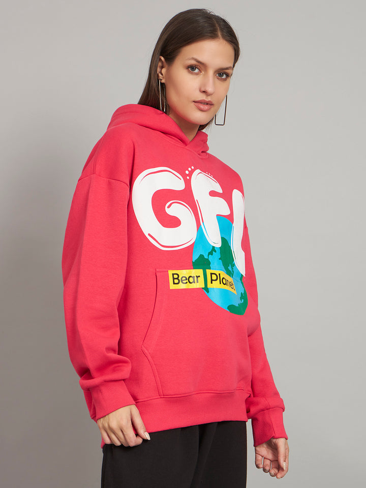 Griffel Women's Pink GFL Bear Planet print Oversized Fleece Hoodie Sweatshirt - griffel