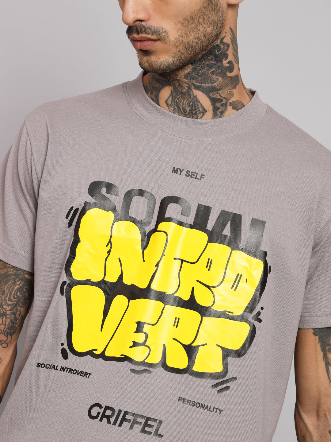 GRIFFEL Men SOCIAL Printed Steel Grey Regular fit Cotton T-shirt - griffel
