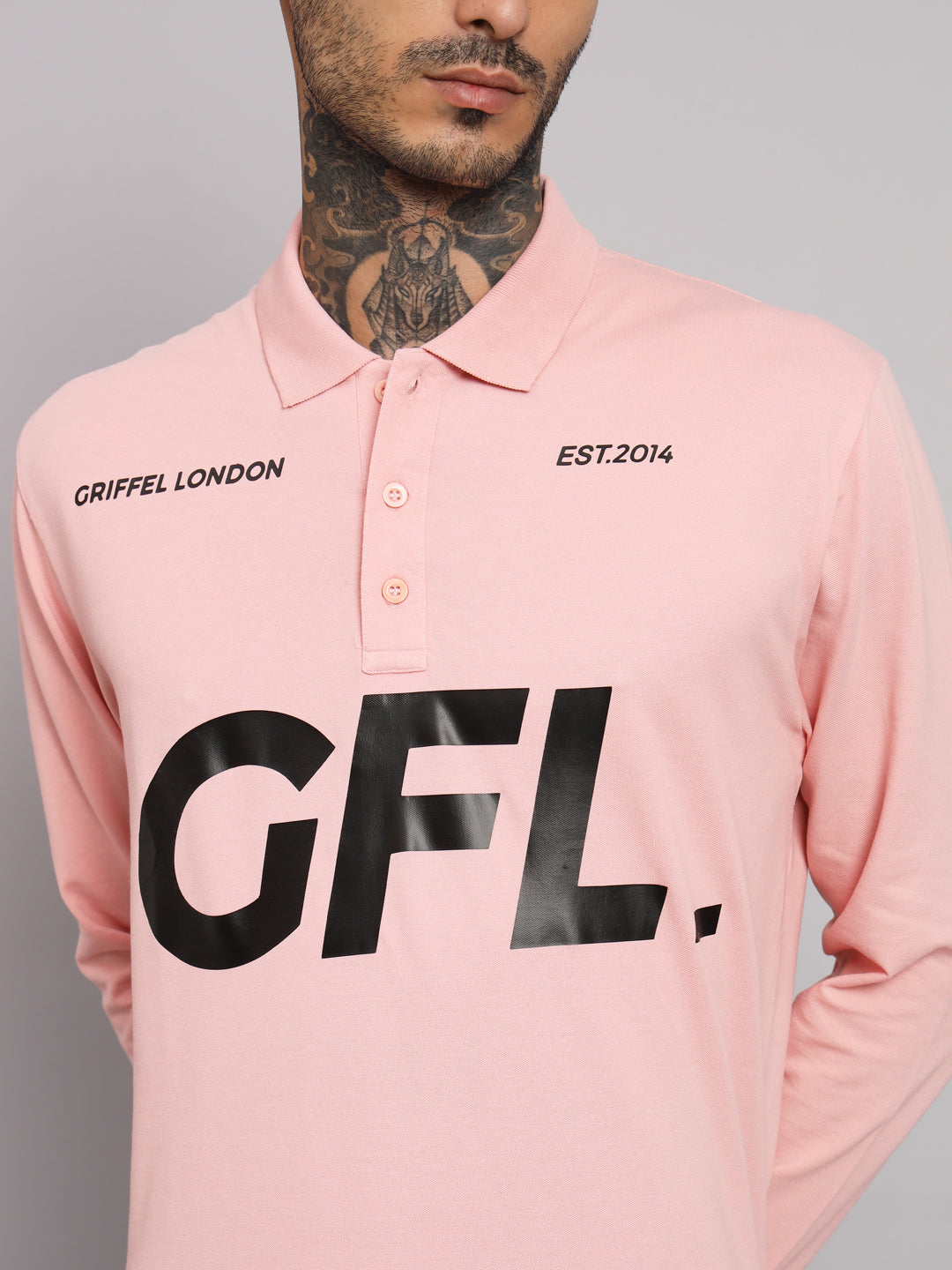 GRIFFEL Men's Peach GFL Printed Cotton Full Sleeve Polo T-shirt - griffel
