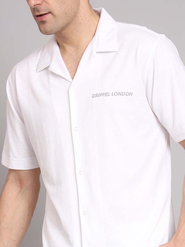 GRIFFEL Men Basic White Regular Fit Cotton Bowling Shirt - griffel