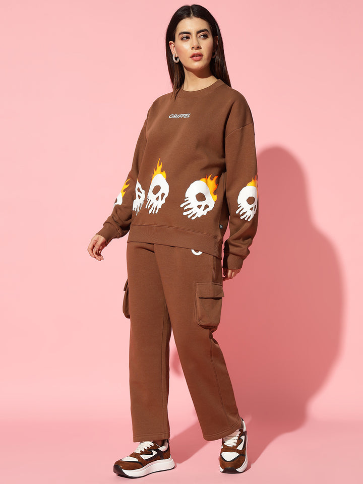 Fire skeleton Dark brown Oversized Round Neck Tracksuit