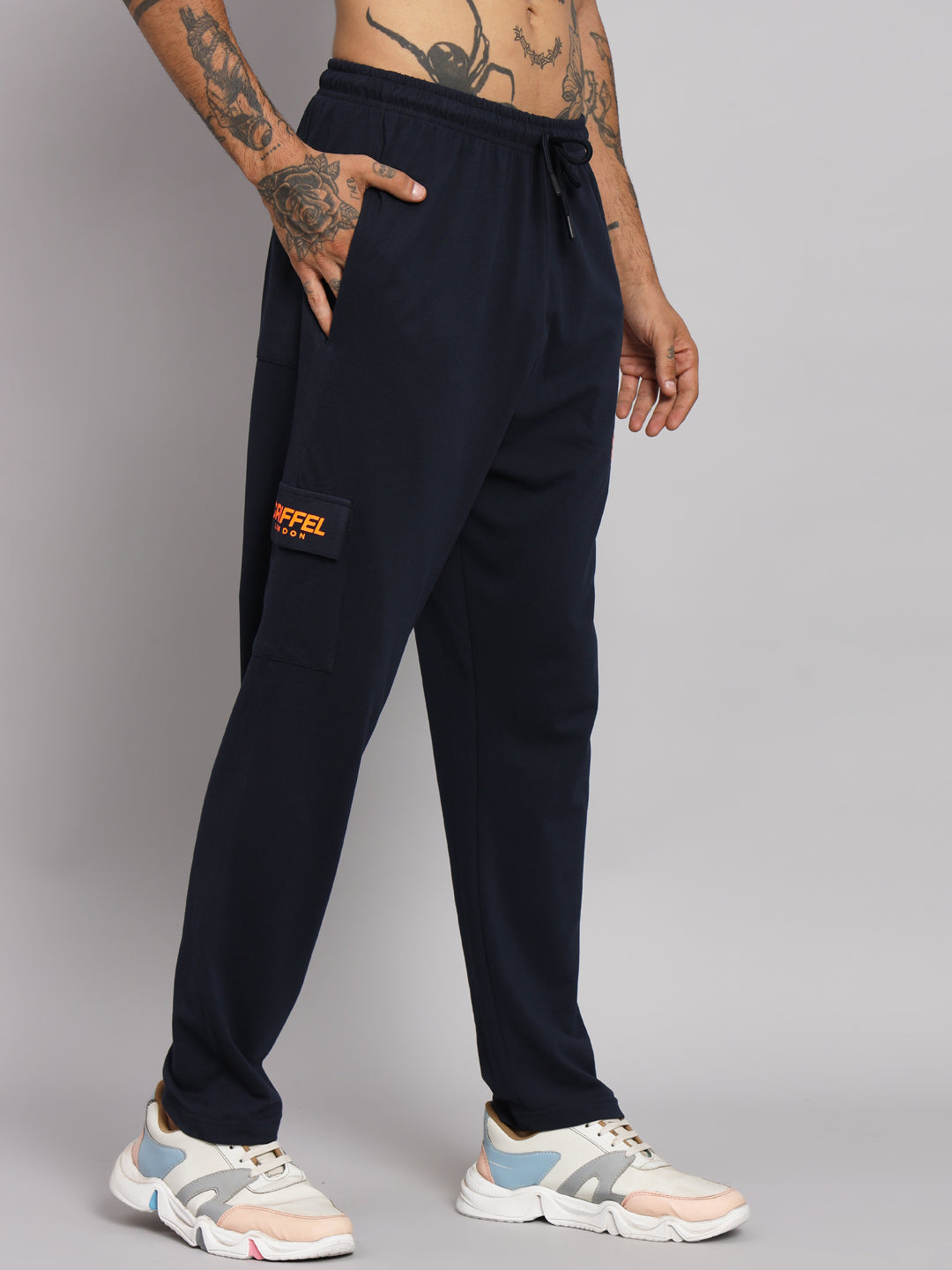 GRIFFEL Men Cotton Matty Front Logo Navy Teddy Printed Trackpants