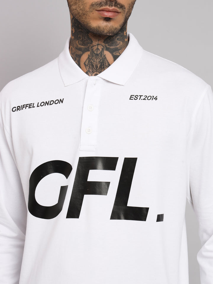 GRIFFEL Men's White GFL Printed Cotton Full Sleeve Polo T-shirt - griffel