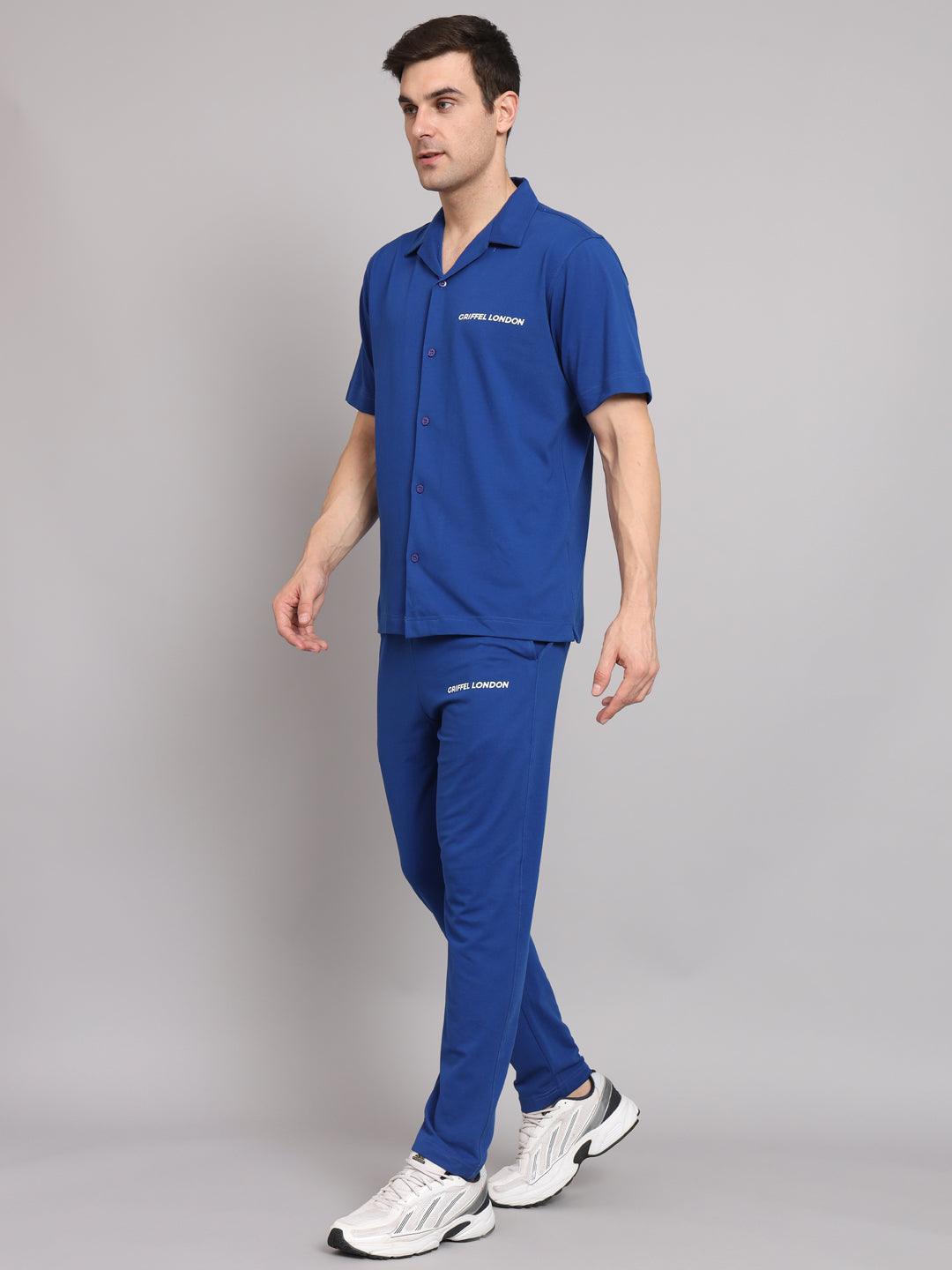 Griffel Men's Pre Winter Front Logo Solid Cotton Basic Royal Bowling Shirt and Joggers Full Co-Ord Set - griffel