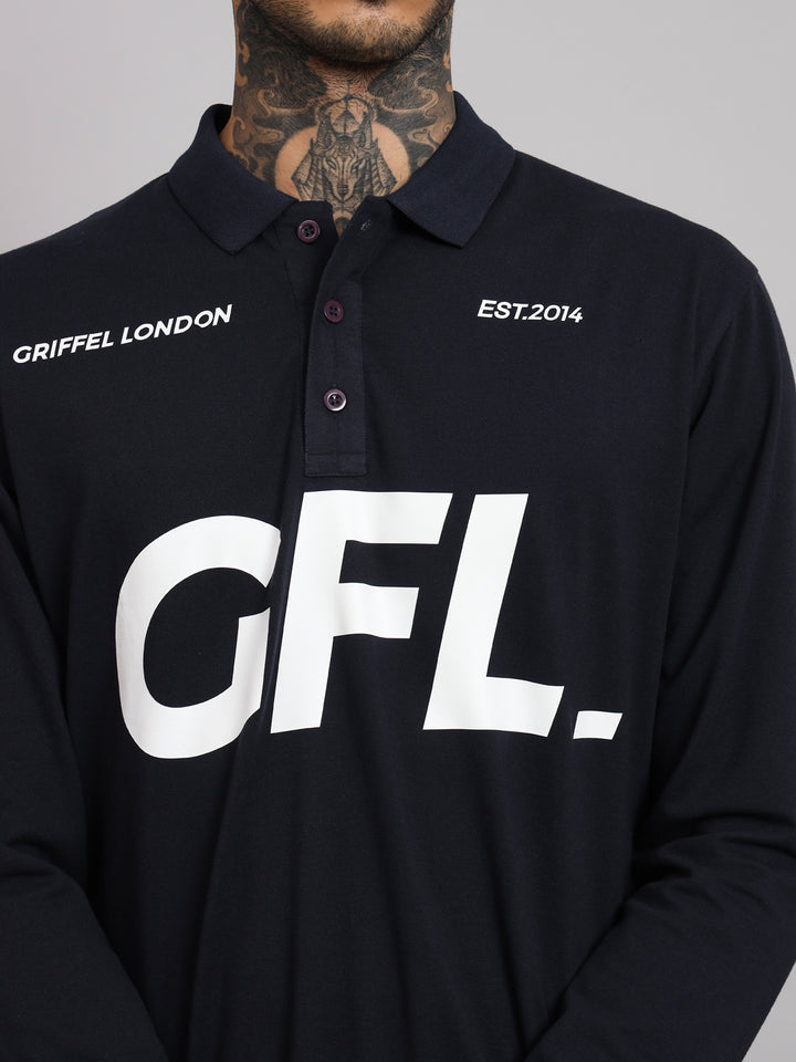 GRIFFEL Men's Navy GFL Printed Cotton Full Sleeve Polo T-shirt - griffel