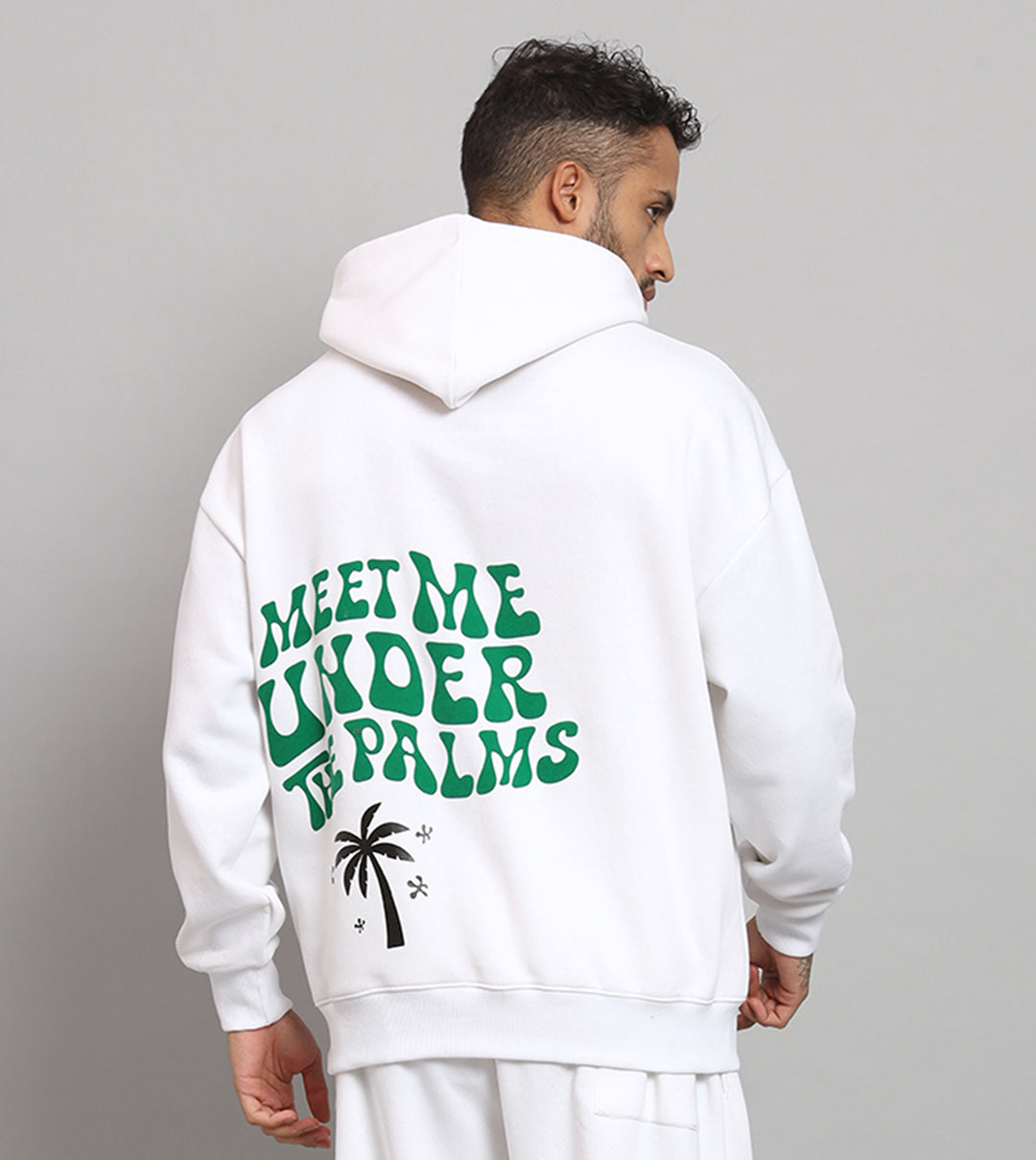 Griffel Men's MEET ME UNDER THE PALM Print Front Logo Oversized Fleece White Hoodie Sweatshirt - griffel