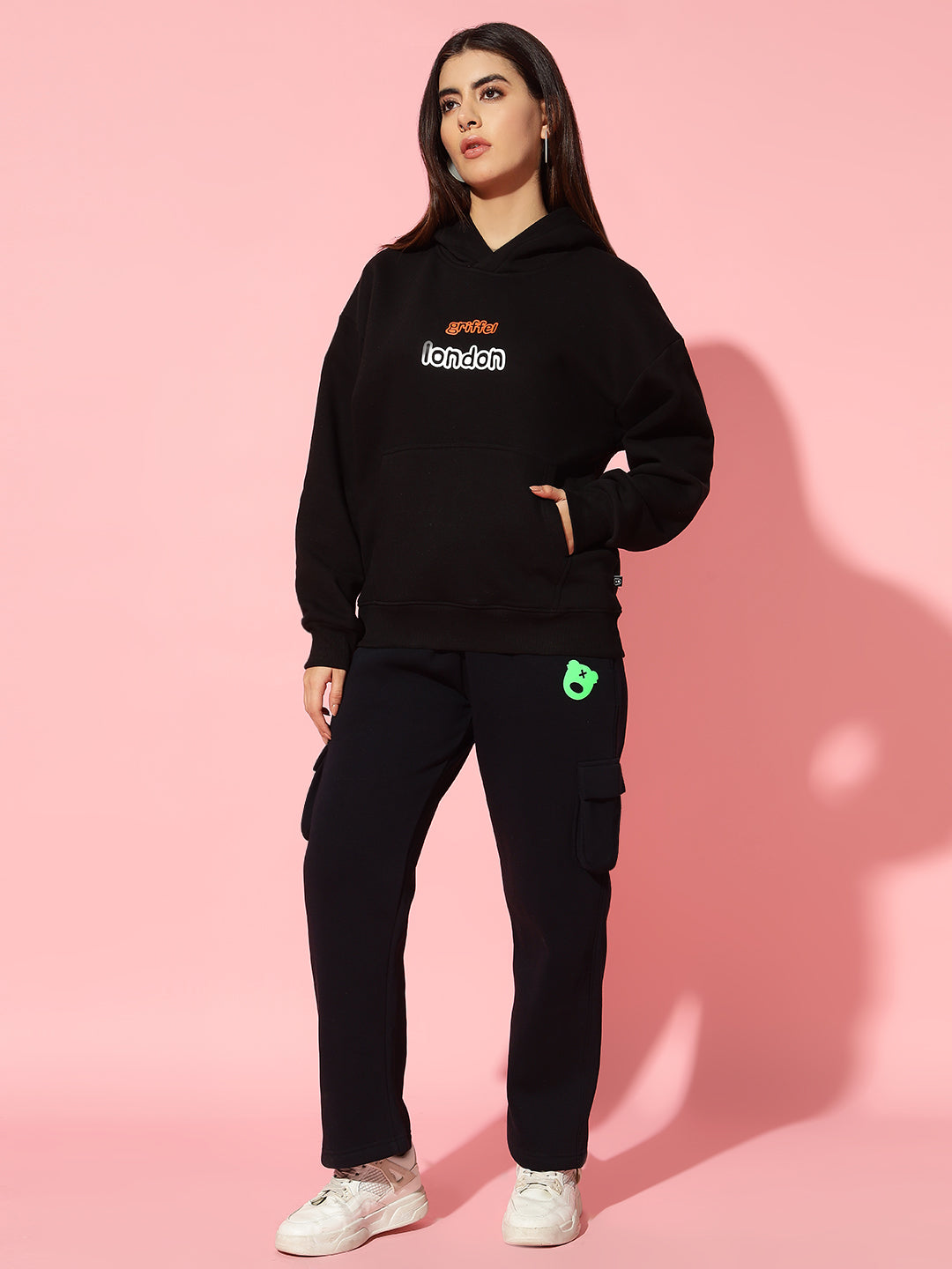 Flower London Black Oversized Hoodie Neck Tracksuit