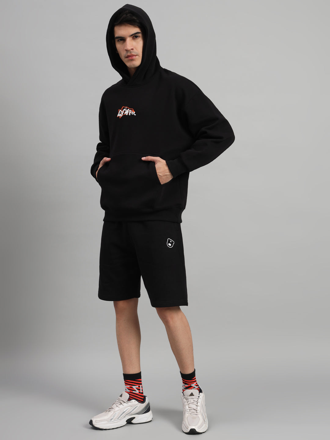 Griffel Men Oversized ONE HUNDRED % LOYAL Back Print 100% Cotton Black Fleece Hoodie and Shorts - griffel