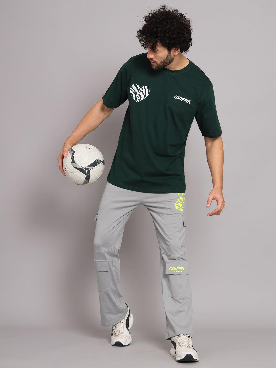GRIFFEL Men Printed Green Loose fit T-shirt and Bell Bottom Trackpant Set - griffel