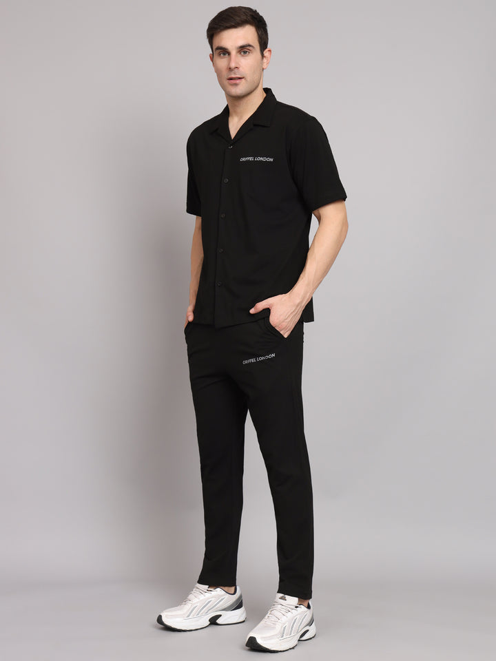 Griffel Men's Pre Winter Front Logo Solid Cotton Basic Black Bowling Shirt and Joggers Full Co-Ord Set - griffel