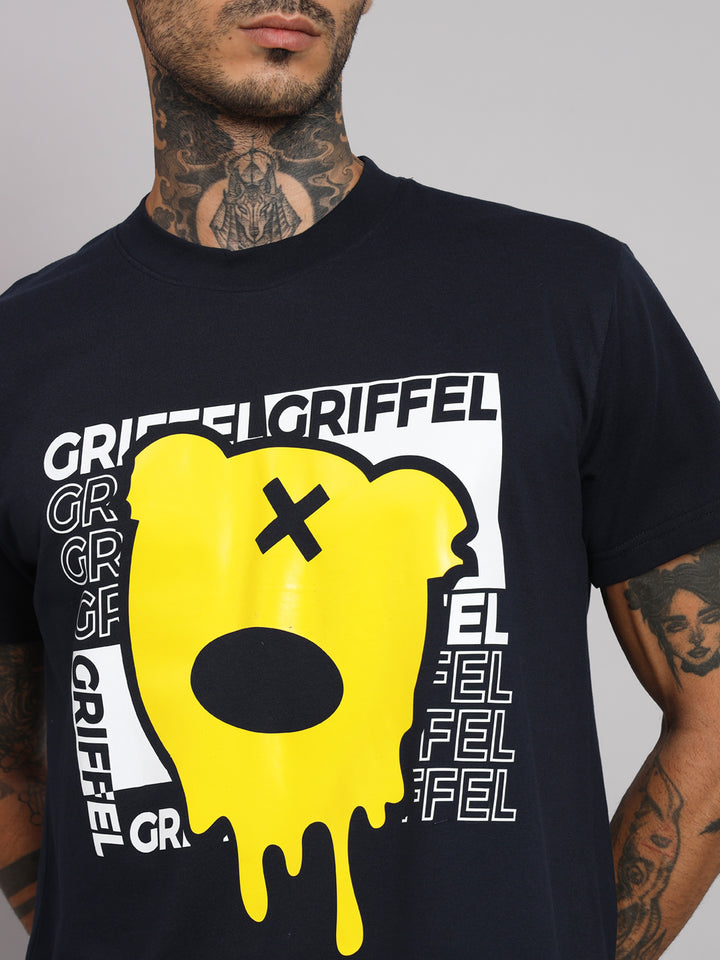 GRIFFEL Men Printed Melted Teddy Face Navy Regular fit Cotton T-shirt - griffel