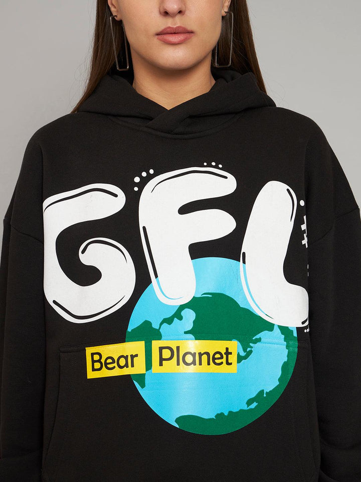 Griffel Women's Black GFL Bear Planet print Oversized Fleece Hoodie Sweatshirt - griffel