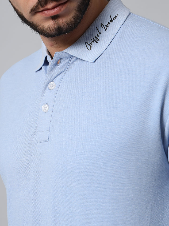GRIFFEL Men's White Signature Print Cotton Full Sleeve Polo T-shirt - griffel
