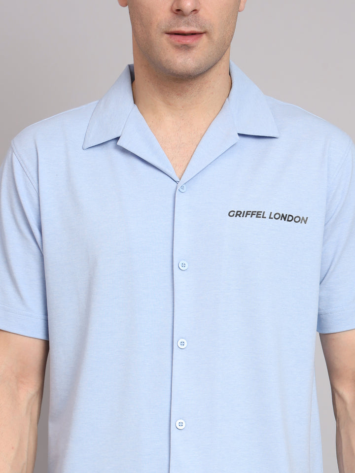 GRIFFEL Men Basic Sky Blue Regular Fit Cotton Bowling Shirt - griffel