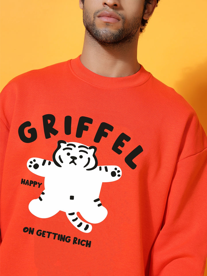 "Happy Tiger"Oversized Orange Cotton Fleece Round neck Sweatshirt