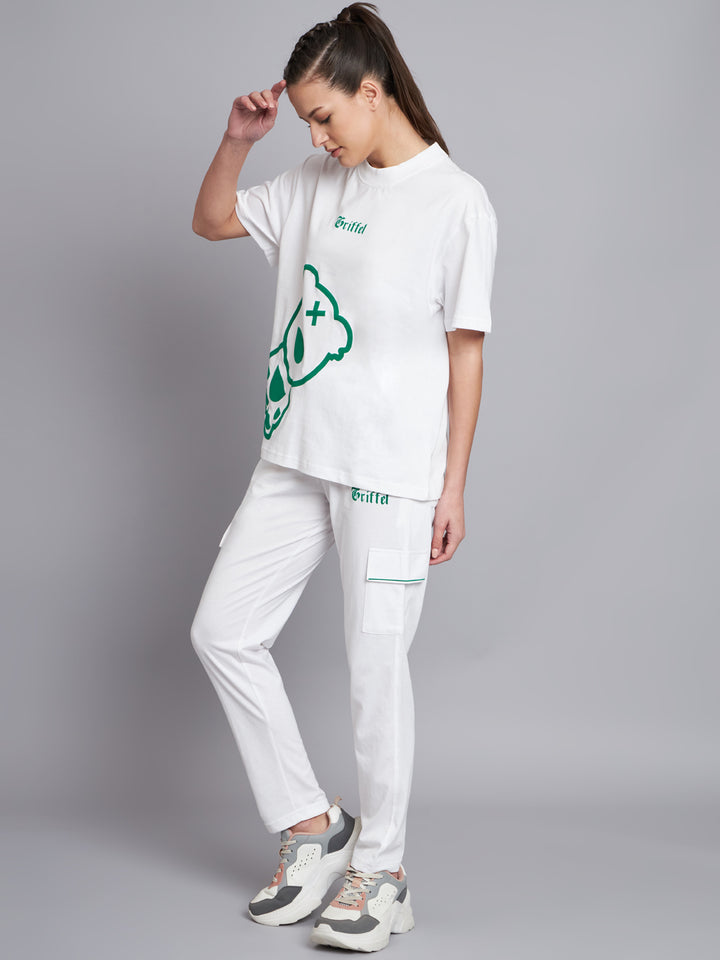 GRIFFEL Women White Printed Oversized Loose fit T-shirt and Trackpant Set - griffel
