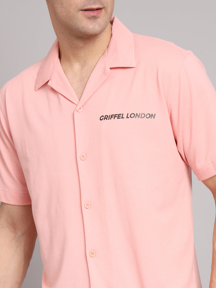 Griffel Men's Pre Winter Front Logo Solid Cotton Basic Pink Bowling Shirt and Joggers Full Co-Ord Set - griffel