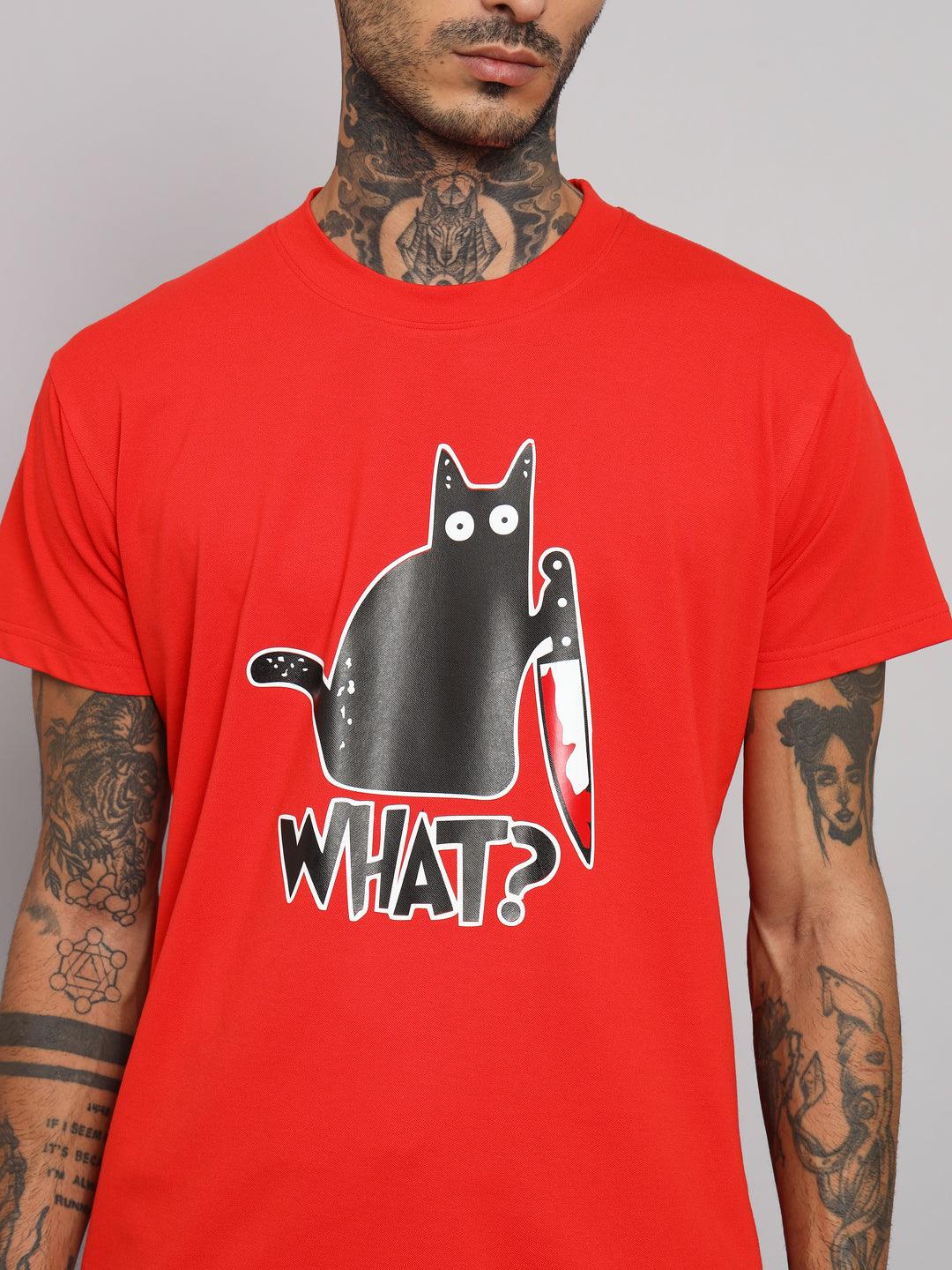 GRIFFEL Men WHAT CAT Printed Red Regular fit Cotton T-shirt - griffel