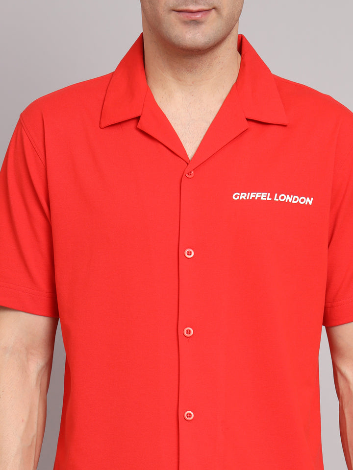 Griffel Men's Pre Winter Front Logo Solid Cotton Basic Red Bowling Shirt and Joggers Full Co-Ord Set - griffel