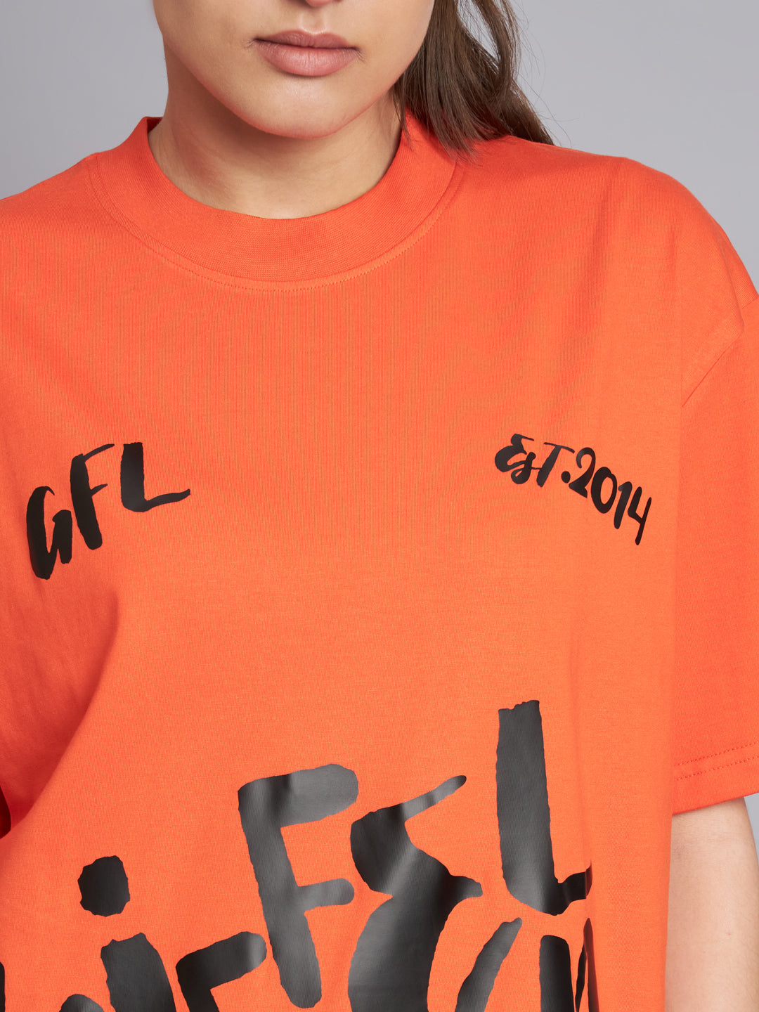 GRIFFEL Women's Printed Loose Fit Drop Shoulder Neon Orange T-shirt - griffel