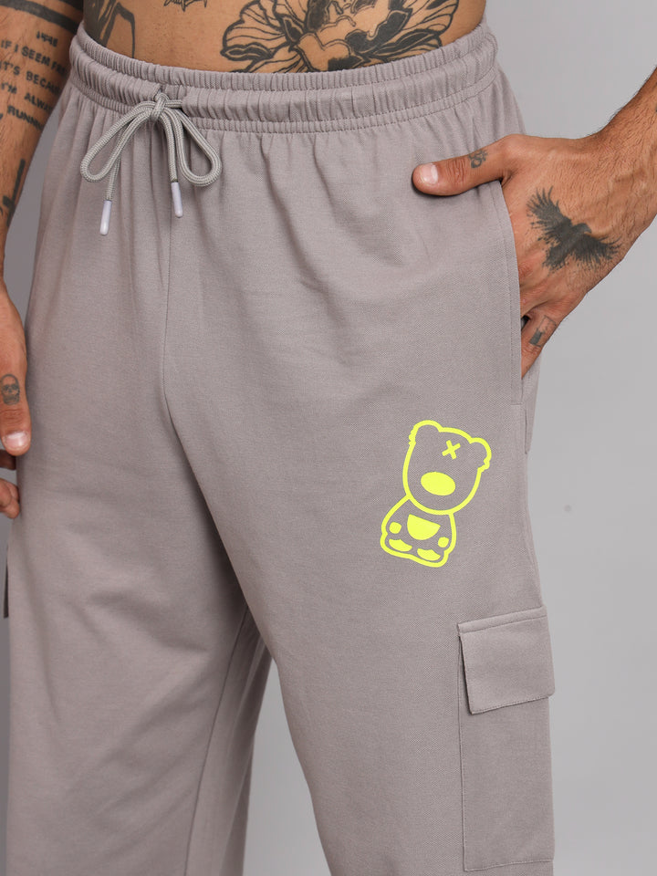 GRIFFEL Men Cotton Matty Front Logo Steel Grey Teddy Printed Trackpants - griffel