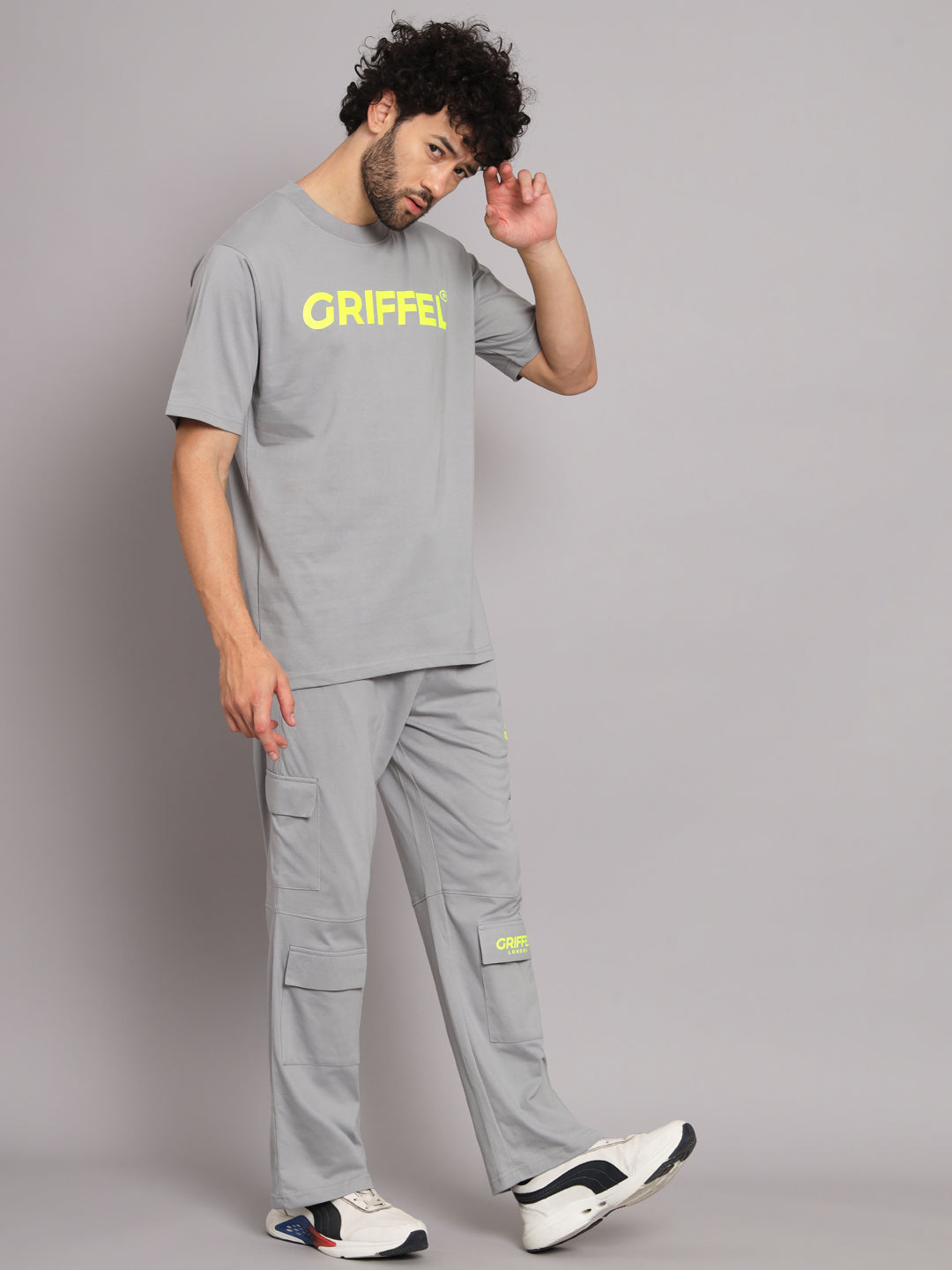 GRIFFEL Men Printed Steel Grey Loose fit T-shirt and Bell Bottom Trackpant Set - griffel