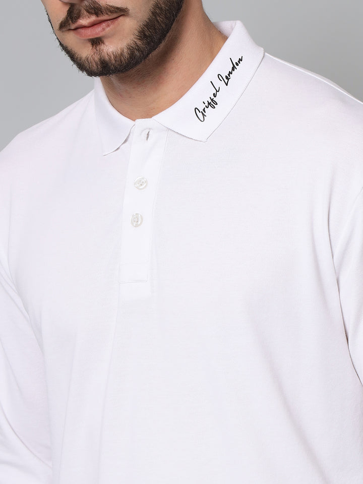 GRIFFEL Men's White Signature Print Cotton Full Sleeve Polo T-shirt