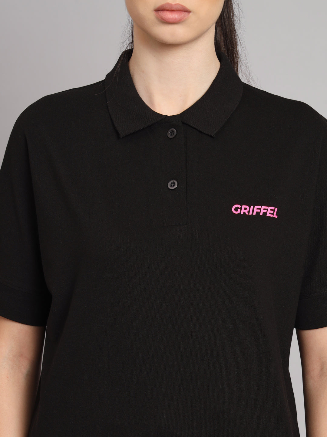 GRIFFEL Women Basic Solid Black Polo T-shirt - griffel