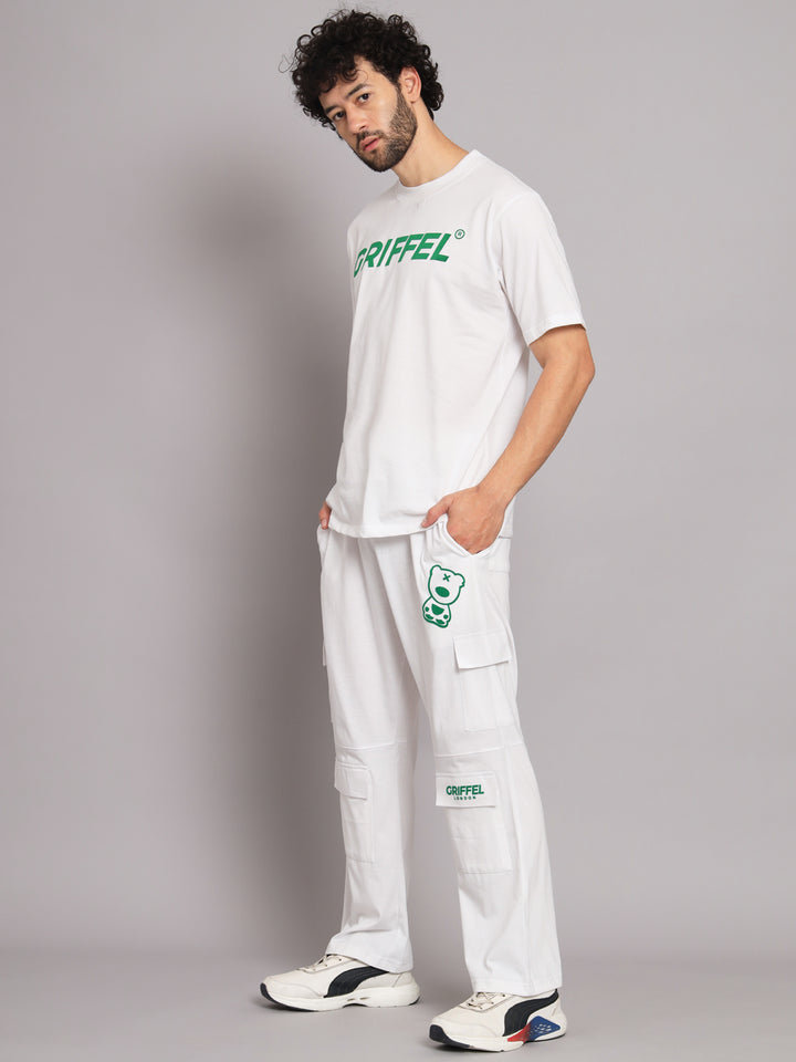GRIFFEL Men Printed White Loose fit T-shirt and Bell Bottom Trackpant Set - griffel