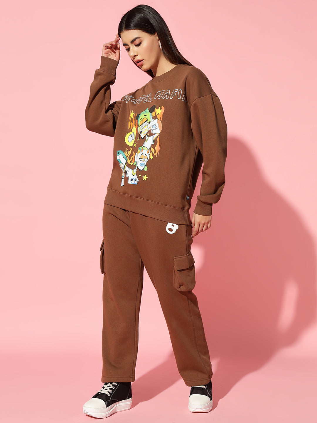 Griffel Mafia dark brown Oversized Round Neck Tracksuit