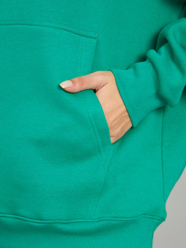 Griffel Women Oversized Fit Bottel Green Cotton Front Logo Fleece Hoodie Sweatshirt with Full Sleeve - griffel