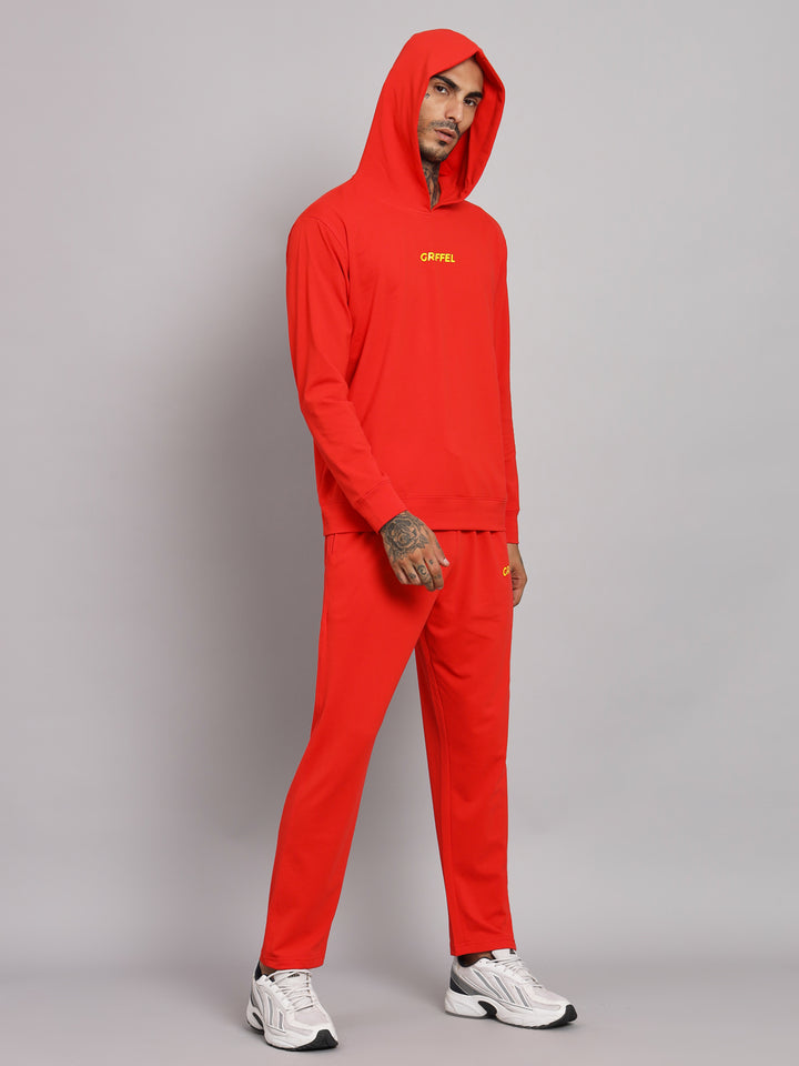 Griffel Men's Pre Winter Front Logo Solid Cotton Basic Hoodie and Joggers Full set Red Tracksuit