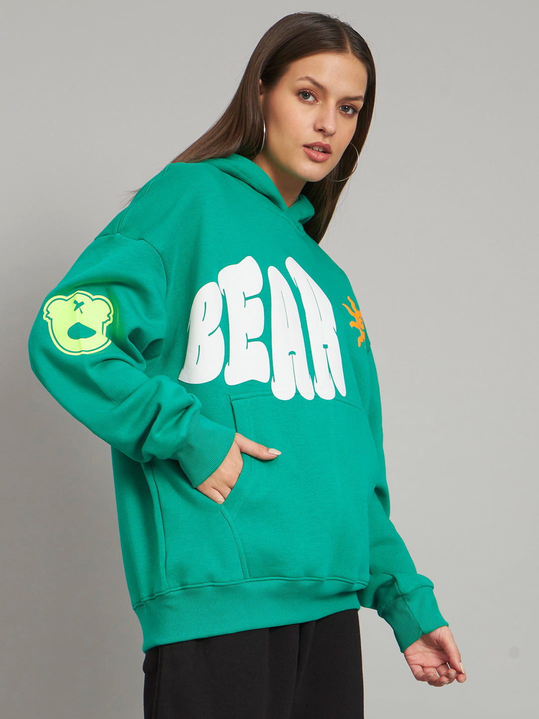 Griffel Women's Green BEAR print Oversized Fleece Hoodie Sweatshirt - griffel