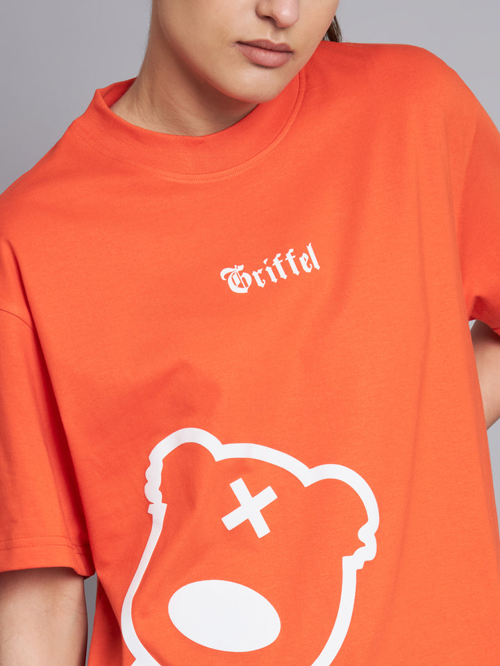 GRIFFEL Women TEDDY oversized Drop Shoulder Neon Orange T-shirt - griffel