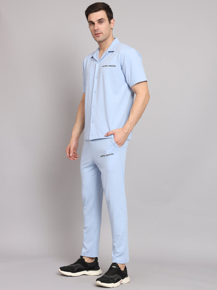 Griffel Men's Pre Winter Front Logo Solid Cotton Basic Sky Blue Bowling Shirt and Joggers Full Co-Ord Set - griffel