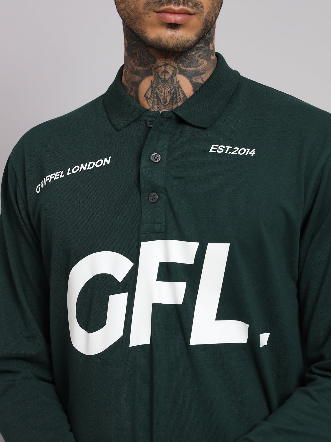 GRIFFEL Men's Green GFL Printed Cotton Full Sleeve Polo T-shirt - griffel