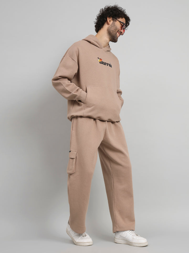 Griffel Men Oversized Fit Flower Print Front Logo 100% Cotton Camel Fleece Hoodie and trackpant